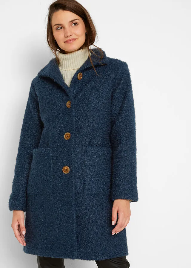 Abrigo de bouclé con bolsillos Azul oscuro