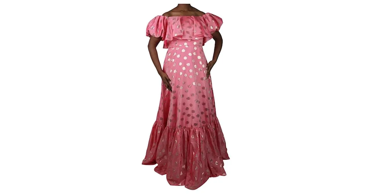 AUTRE MARQUE VESTIDO MIDI DE LúREX Y LUNARES ROSA CON MANGAS ABULLONADAS  TALLA UK 12 