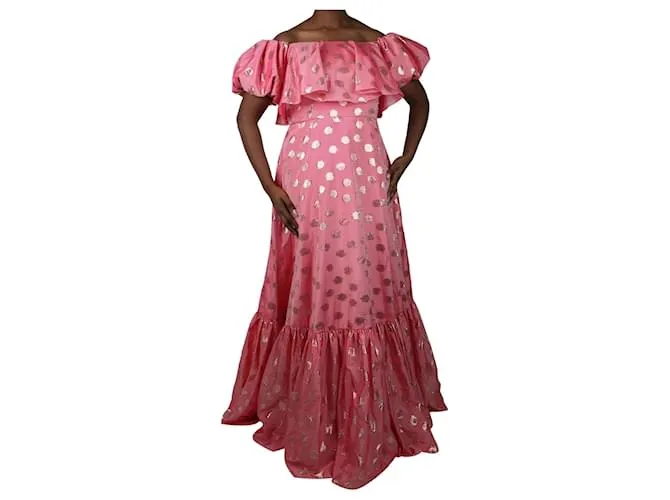 AUTRE MARQUE VESTIDO MIDI DE LúREX Y LUNARES ROSA CON MANGAS ABULLONADAS  TALLA UK 12 