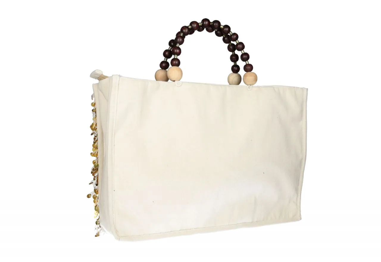 Bolso Textil Beige Laberinto Abalorios y Lentejuelas Asas Bolas