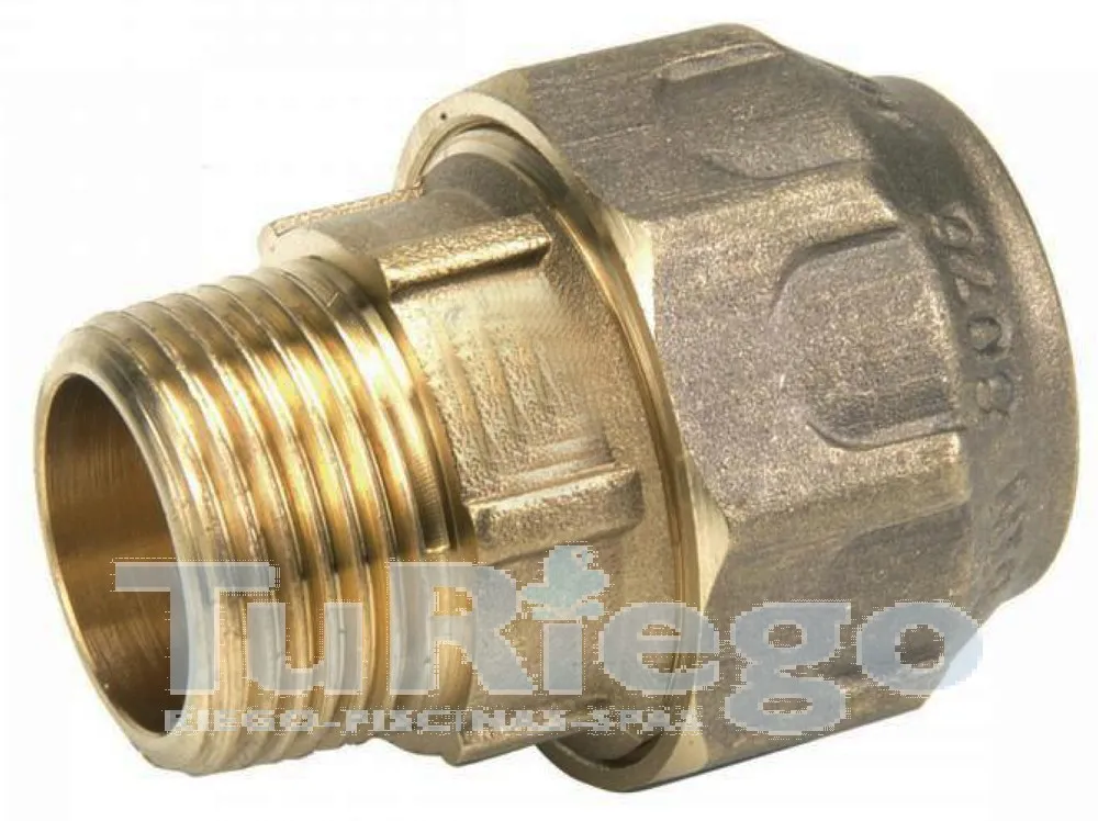 Enlace mixto rosca macho latón PE (fittings) uso alimentario de 20 x 110 mm.