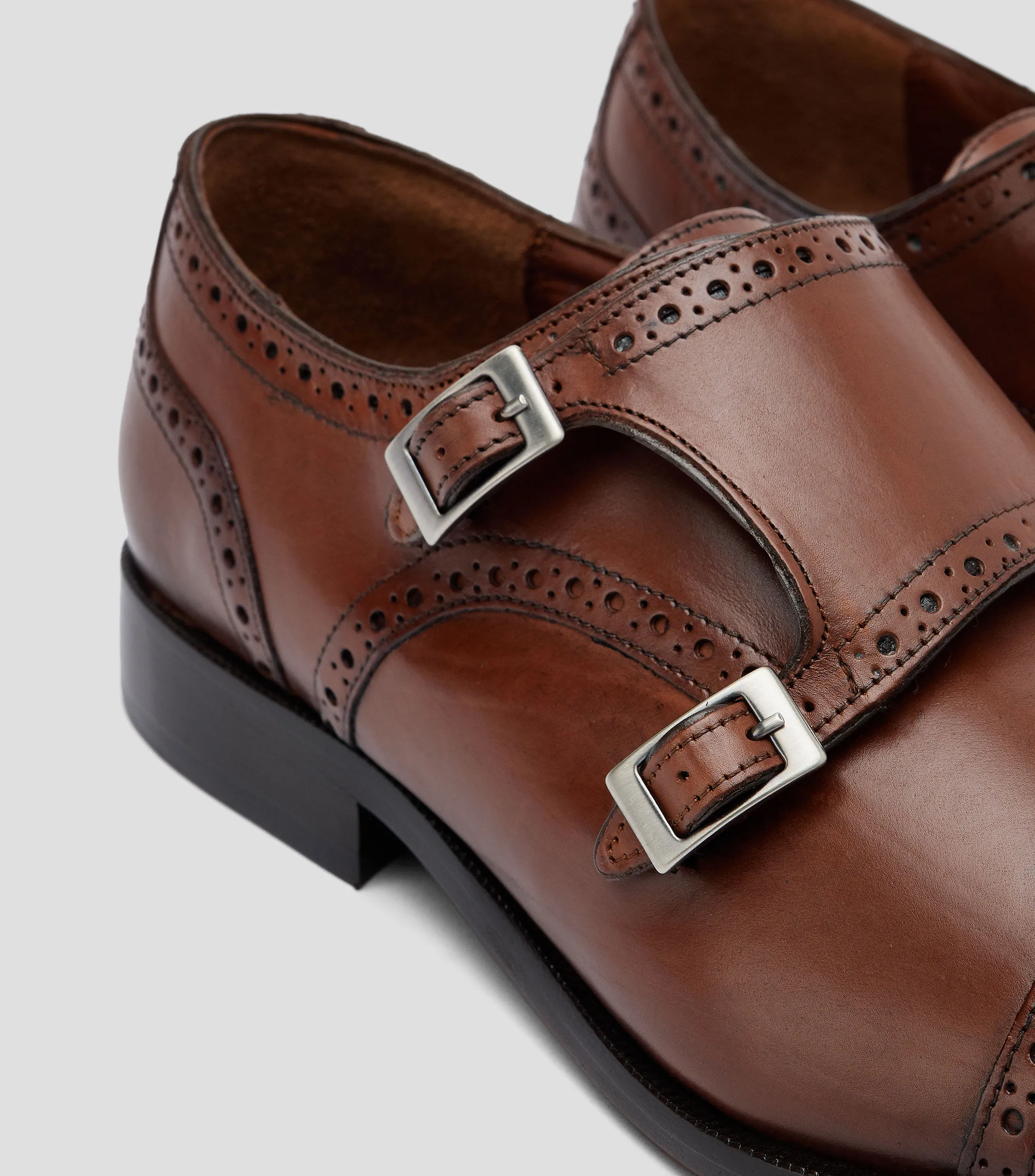 Franco Cuadra Zapatos de Vestir Monk Brandy en Piel Tacón Bajo Ancho Hombre