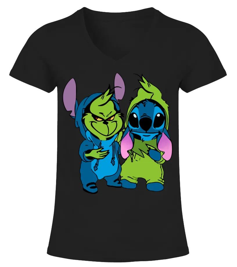 Grinch Stitch Friends Camiseta cuello pico Mujer
