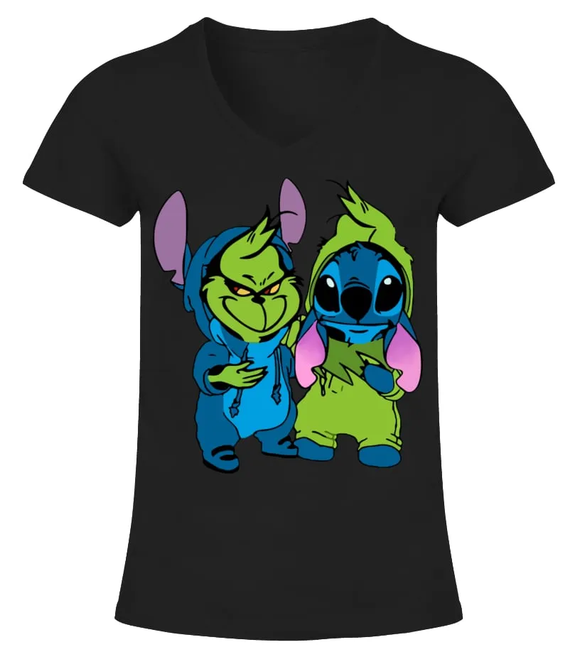 Grinch Stitch Friends Camiseta cuello pico Mujer