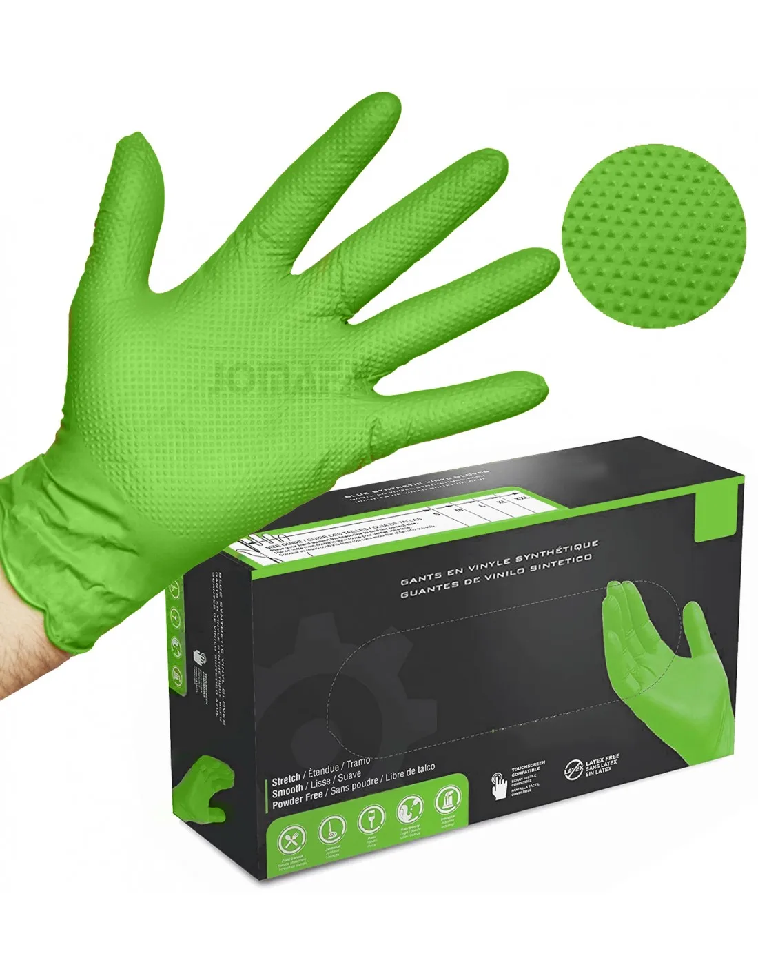 Guantes de Nitrilo DIAMANTADOS GRIP Super resistentes Reutilizables VERDE 8 micras / 9´9 gramos, pack de 50
