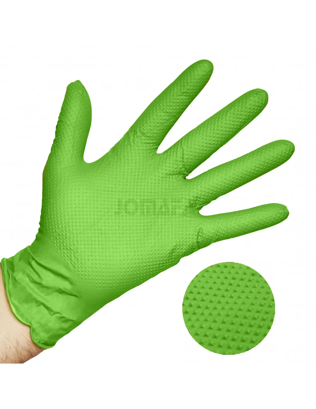 Guantes de Nitrilo DIAMANTADOS GRIP Super resistentes Reutilizables VERDE 8 micras / 9´9 gramos, pack de 50