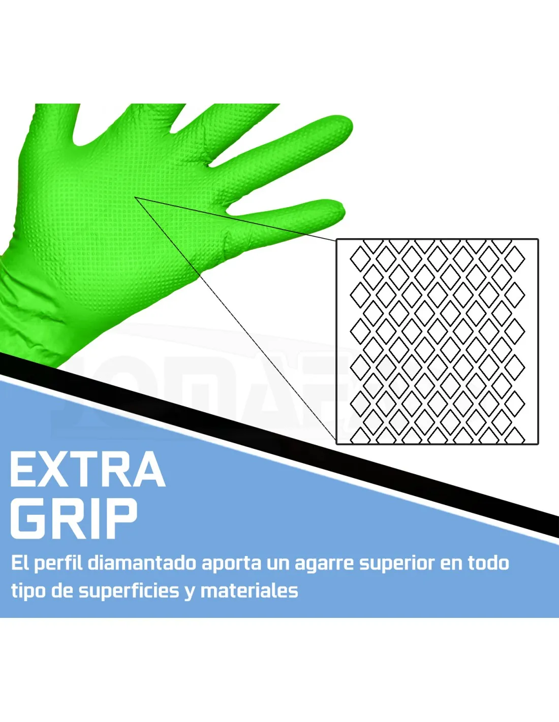 Guantes de Nitrilo DIAMANTADOS GRIP Super resistentes Reutilizables VERDE 8 micras / 9´9 gramos, pack de 50