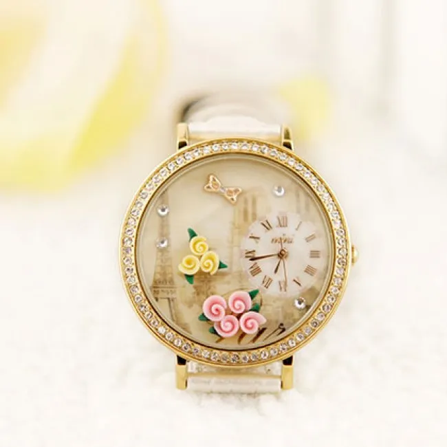 Paris Tower Flower rhinestone retro watch