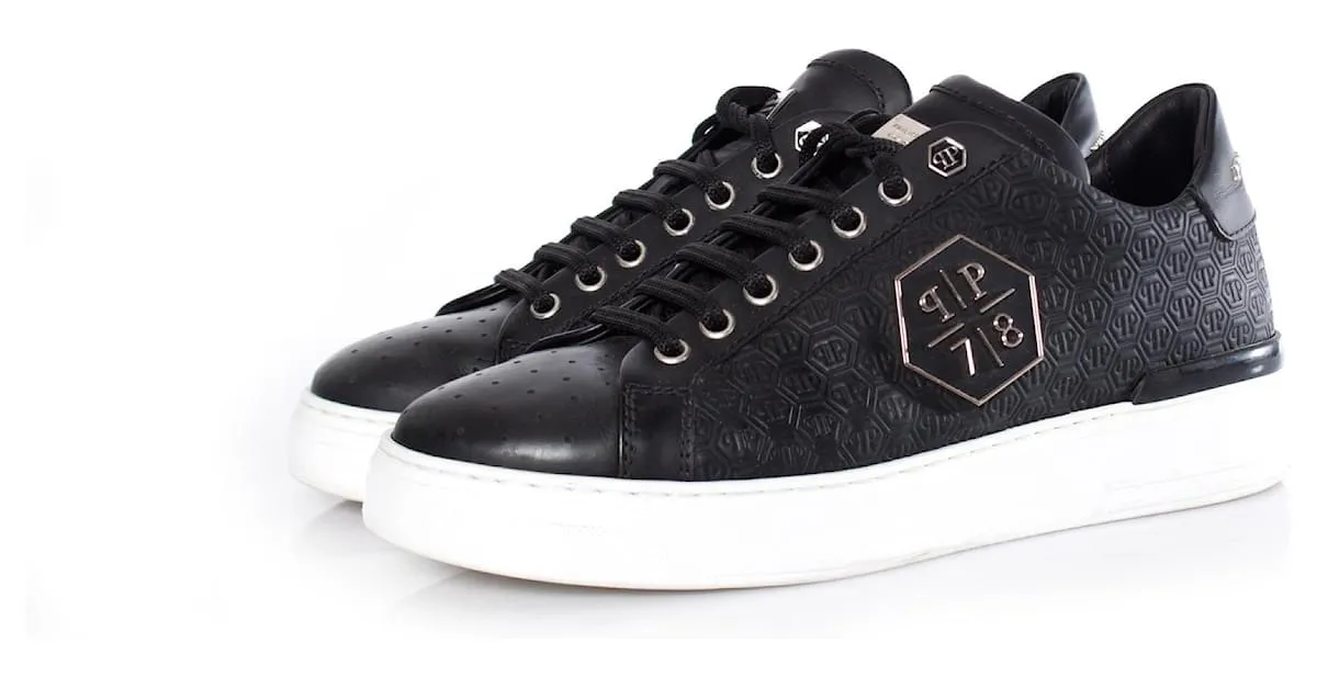 Philipp Plein, zapatillas bajas de cuero negras. Negro 