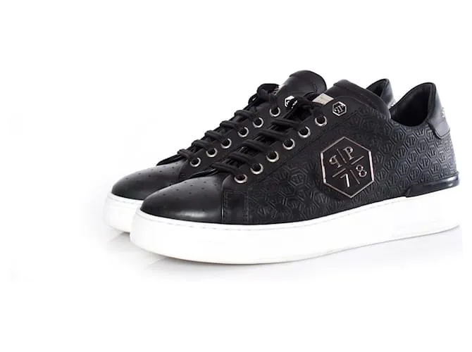 Philipp Plein, zapatillas bajas de cuero negras. Negro 