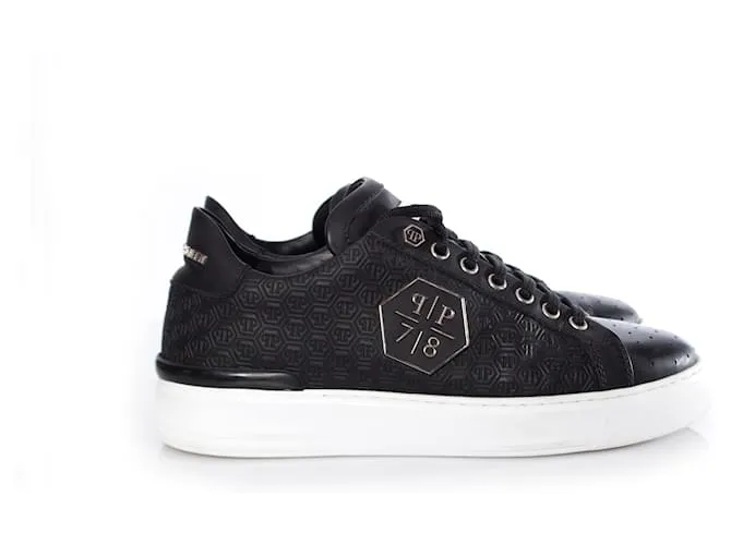 Philipp Plein, zapatillas bajas de cuero negras. Negro 