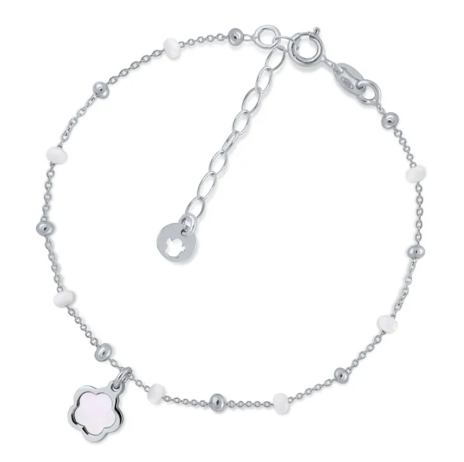 PULSERA PLATA CON FLOR DE NÁCAR Y BOLITAS BLANCAS – LA PETRA