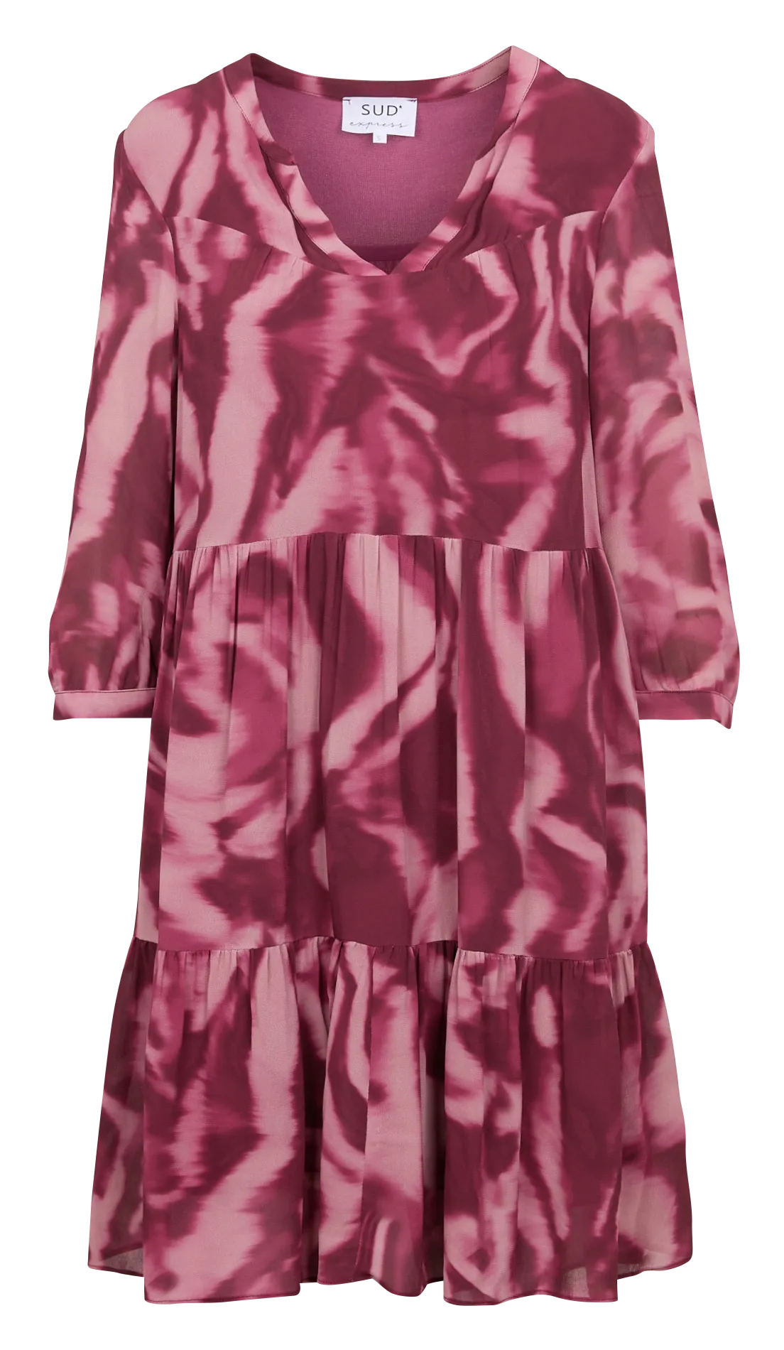RAMIRA  VESTIDO CORTO, HOLGADO Y ESTAMPADO CON CUELLO DE PICO EN ROSA