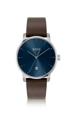 Reloj con correa de piel y esfera azul