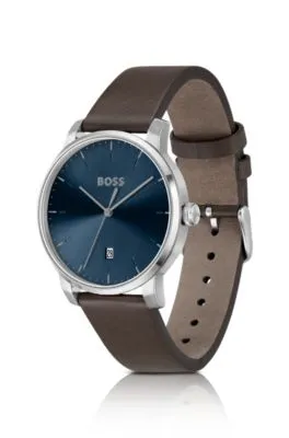 Reloj con correa de piel y esfera azul
