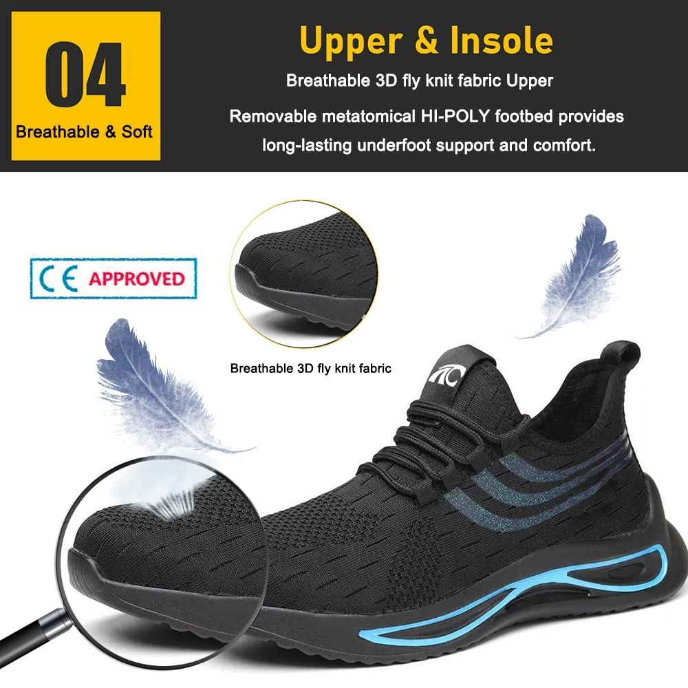 TM3083 Zapatos de seguridad deportivos negros antipinchazos a la moda con punta de acero para hombres de peso ligero