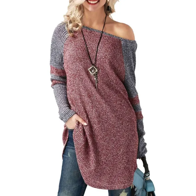 Unique Women's Long Sleeve Stitching Strapless Long Sweater