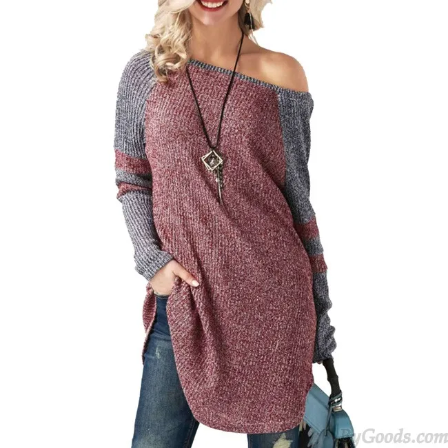 Unique Women's Long Sleeve Stitching Strapless Long Sweater
