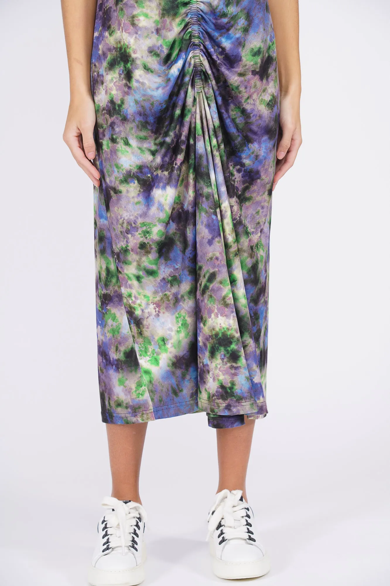 Vestido largo frunces punto lila y verde