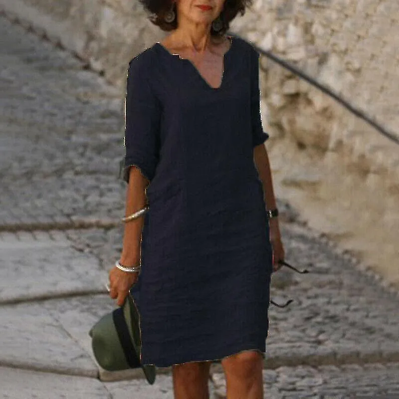 WOMEN'S SHORT SLEEVE COTTON LINEN MIDI DRESS LADIES SOLID V NECK BAGGY SUNDRESS9