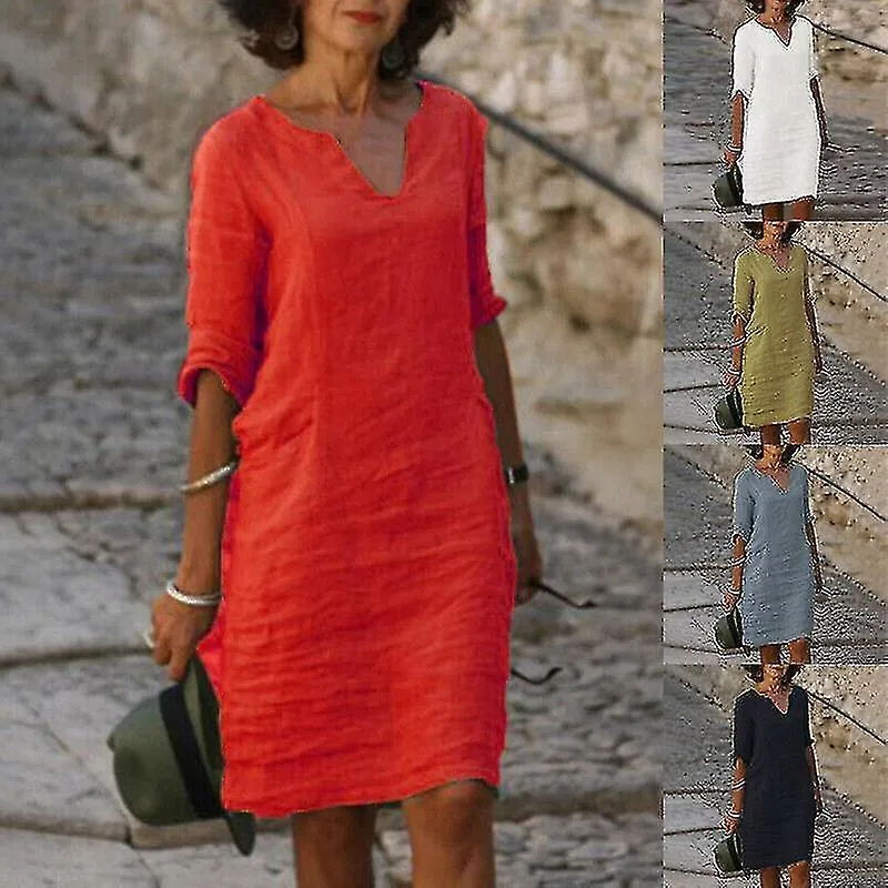 WOMEN'S SHORT SLEEVE COTTON LINEN MIDI DRESS LADIES SOLID V NECK BAGGY SUNDRESS9